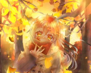 Preview wallpaper girl, ears, book, autumn, anime, art, orange