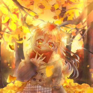 Preview wallpaper girl, ears, book, autumn, anime, art, orange