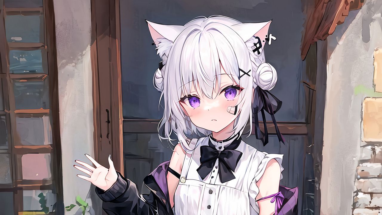 Wallpaper girl, ears, bow, cat, patches, anime