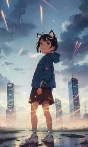 Preview wallpaper girl, ears, buildings, city, anime