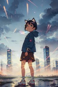 Preview wallpaper girl, ears, buildings, city, anime
