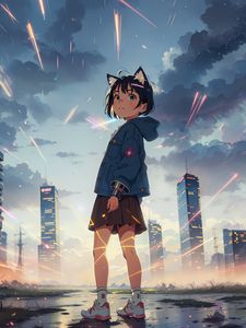 Preview wallpaper girl, ears, buildings, city, anime