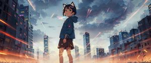 Preview wallpaper girl, ears, buildings, city, anime