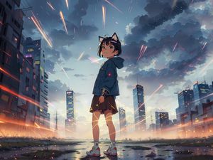 Preview wallpaper girl, ears, buildings, city, anime