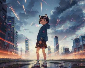 Preview wallpaper girl, ears, buildings, city, anime