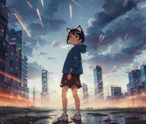 Preview wallpaper girl, ears, buildings, city, anime
