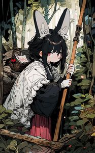 Preview wallpaper girl, ears, cape, forest, anime