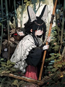 Preview wallpaper girl, ears, cape, forest, anime