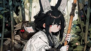 Preview wallpaper girl, ears, cape, forest, anime