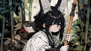 Preview wallpaper girl, ears, cape, forest, anime