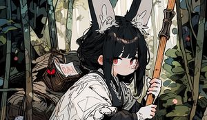 Preview wallpaper girl, ears, cape, forest, anime