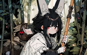 Preview wallpaper girl, ears, cape, forest, anime