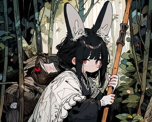 Preview wallpaper girl, ears, cape, forest, anime