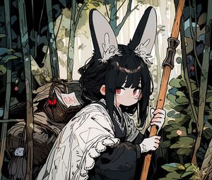 Preview wallpaper girl, ears, cape, forest, anime