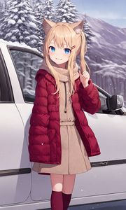 Preview wallpaper girl, ears, car, winter, anime