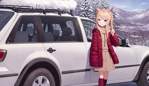 Preview wallpaper girl, ears, car, winter, anime