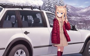 Preview wallpaper girl, ears, car, winter, anime