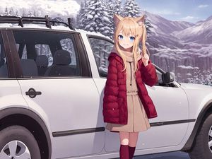 Preview wallpaper girl, ears, car, winter, anime