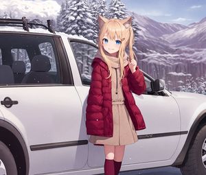 Preview wallpaper girl, ears, car, winter, anime