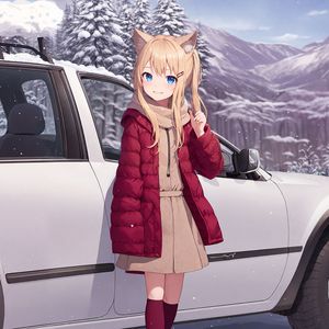Preview wallpaper girl, ears, car, winter, anime