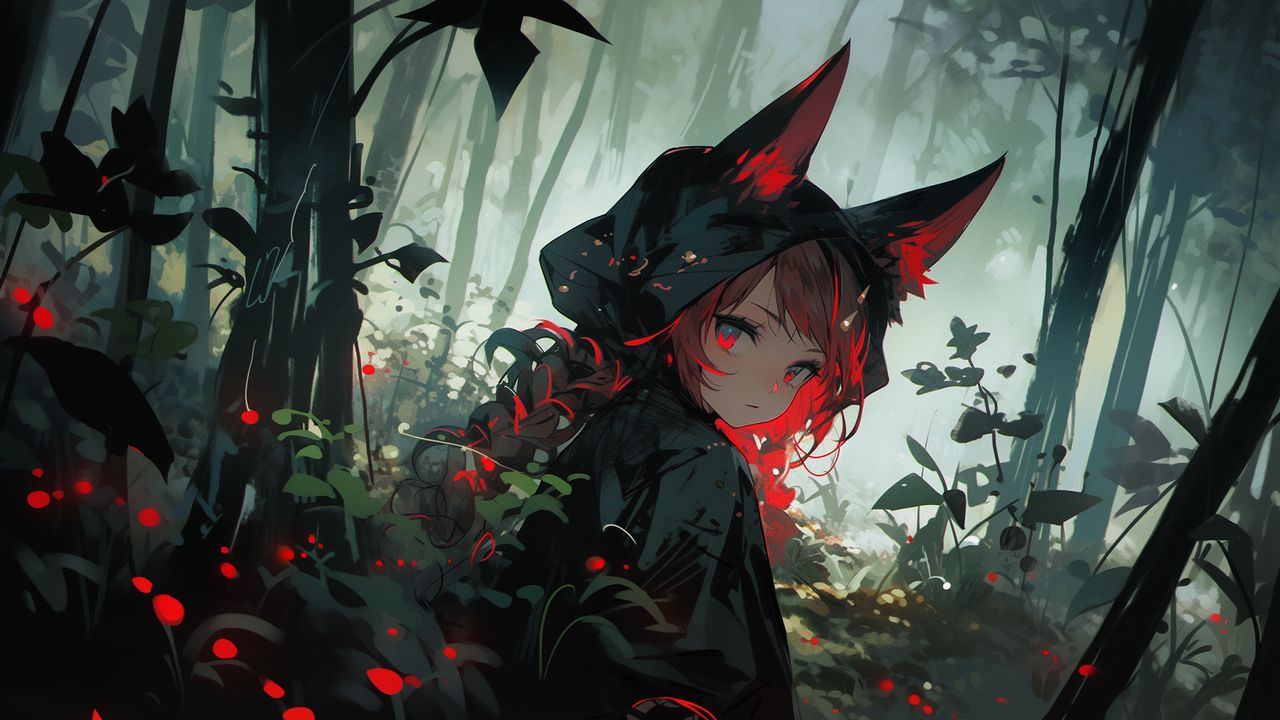 Wallpaper girl, ears, cloak, forest, flowers, anime, art