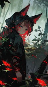 Preview wallpaper girl, ears, cloak, forest, flowers, anime, art