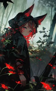 Preview wallpaper girl, ears, cloak, forest, flowers, anime, art