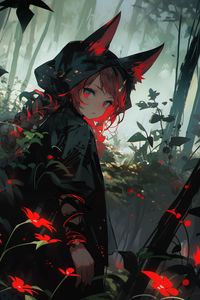 Preview wallpaper girl, ears, cloak, forest, flowers, anime, art