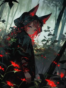 Preview wallpaper girl, ears, cloak, forest, flowers, anime, art