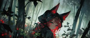 Preview wallpaper girl, ears, cloak, forest, flowers, anime, art