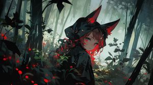 Preview wallpaper girl, ears, cloak, forest, flowers, anime, art