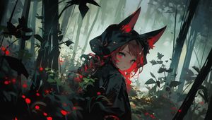 Preview wallpaper girl, ears, cloak, forest, flowers, anime, art