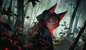 Preview wallpaper girl, ears, cloak, forest, flowers, anime, art