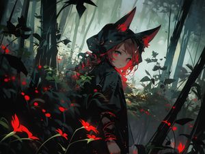 Preview wallpaper girl, ears, cloak, forest, flowers, anime, art