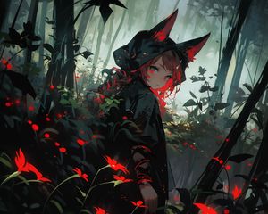 Preview wallpaper girl, ears, cloak, forest, flowers, anime, art