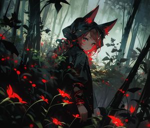 Preview wallpaper girl, ears, cloak, forest, flowers, anime, art