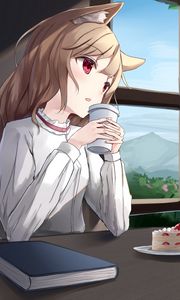 Preview wallpaper girl, ears, cup, drink, anime