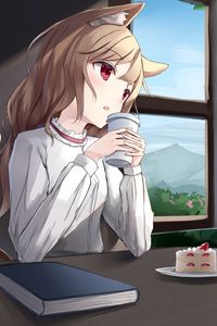 Preview wallpaper girl, ears, cup, drink, anime