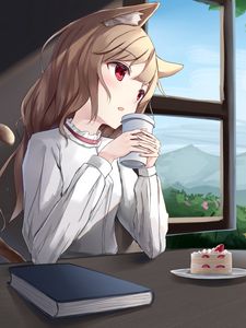 Preview wallpaper girl, ears, cup, drink, anime