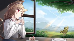 Preview wallpaper girl, ears, cup, drink, anime