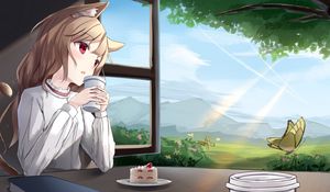 Preview wallpaper girl, ears, cup, drink, anime