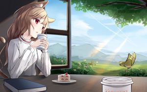 Preview wallpaper girl, ears, cup, drink, anime