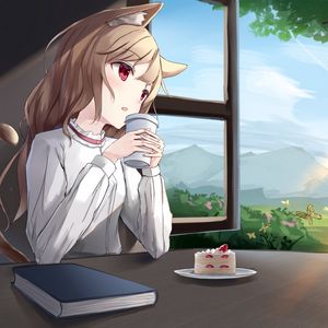 Preview wallpaper girl, ears, cup, drink, anime