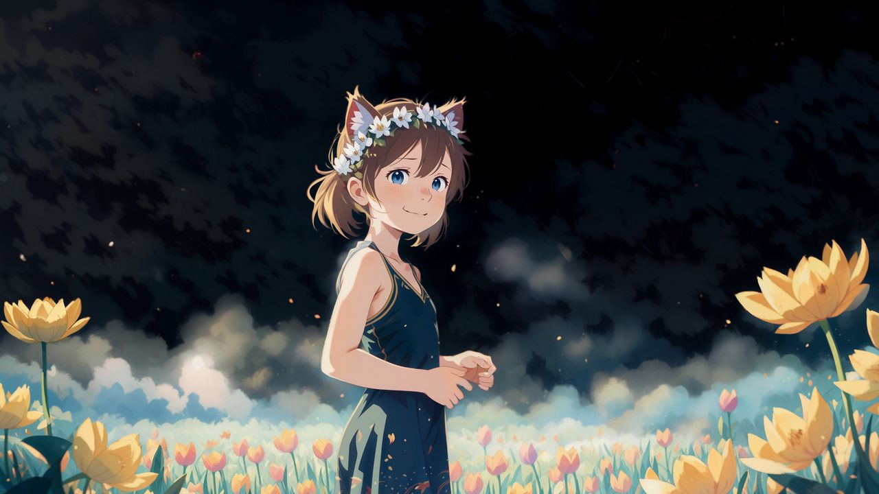 Wallpaper girl, ears, flowers, clouds, anime, smile