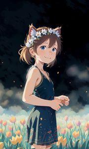 Preview wallpaper girl, ears, flowers, clouds, anime, smile