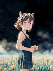 Preview wallpaper girl, ears, flowers, clouds, anime, smile