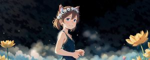 Preview wallpaper girl, ears, flowers, clouds, anime, smile
