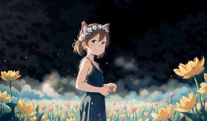 Preview wallpaper girl, ears, flowers, clouds, anime, smile