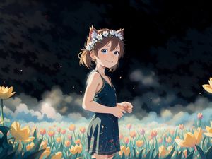 Preview wallpaper girl, ears, flowers, clouds, anime, smile