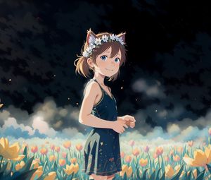 Preview wallpaper girl, ears, flowers, clouds, anime, smile